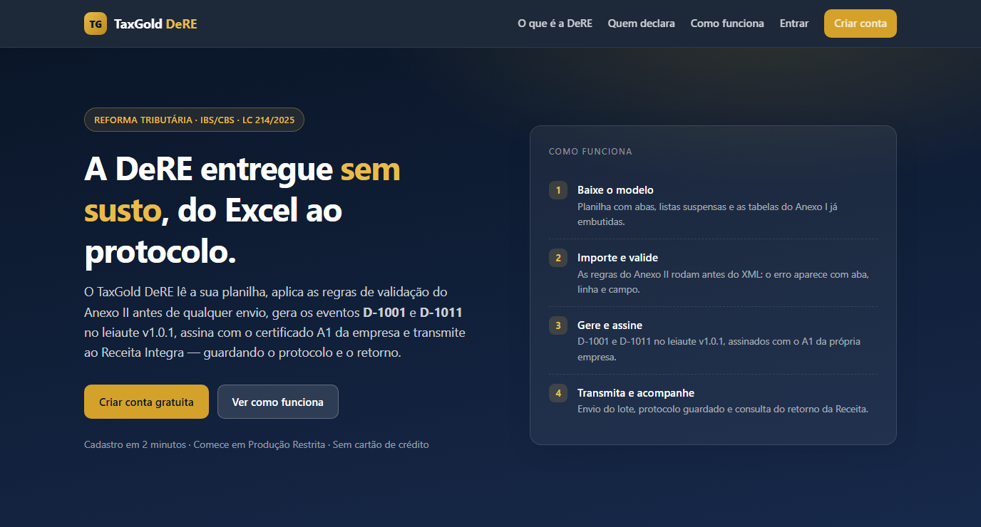 Tela do Tax Gold DeRE para geração e transmissão da Declaração de Regimes Específicos do IBS/CBS