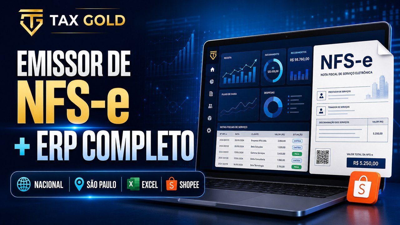 Capa do vídeo: Emissor de NFS-e e ERP Tax Gold — NFS-e Nacional, São Paulo, Excel e Shopee