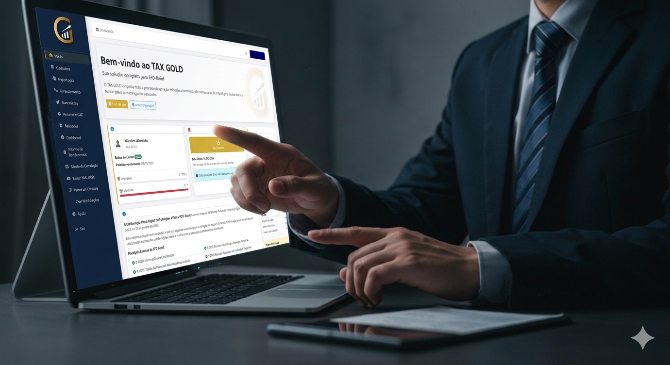 Tela do sistema Tax Gold Reinf automatizando a geração e transmissão de eventos da EFD-Reinf