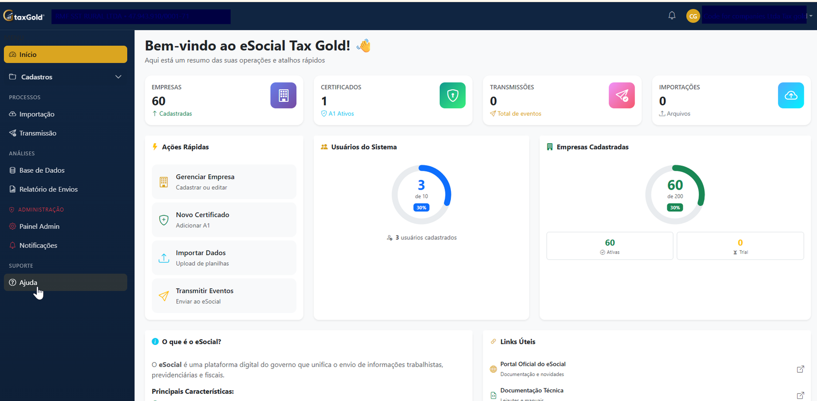 Dashboard do Tax Gold E-Social — painel com empresas, certificados, transmissões e importações cadastradas
