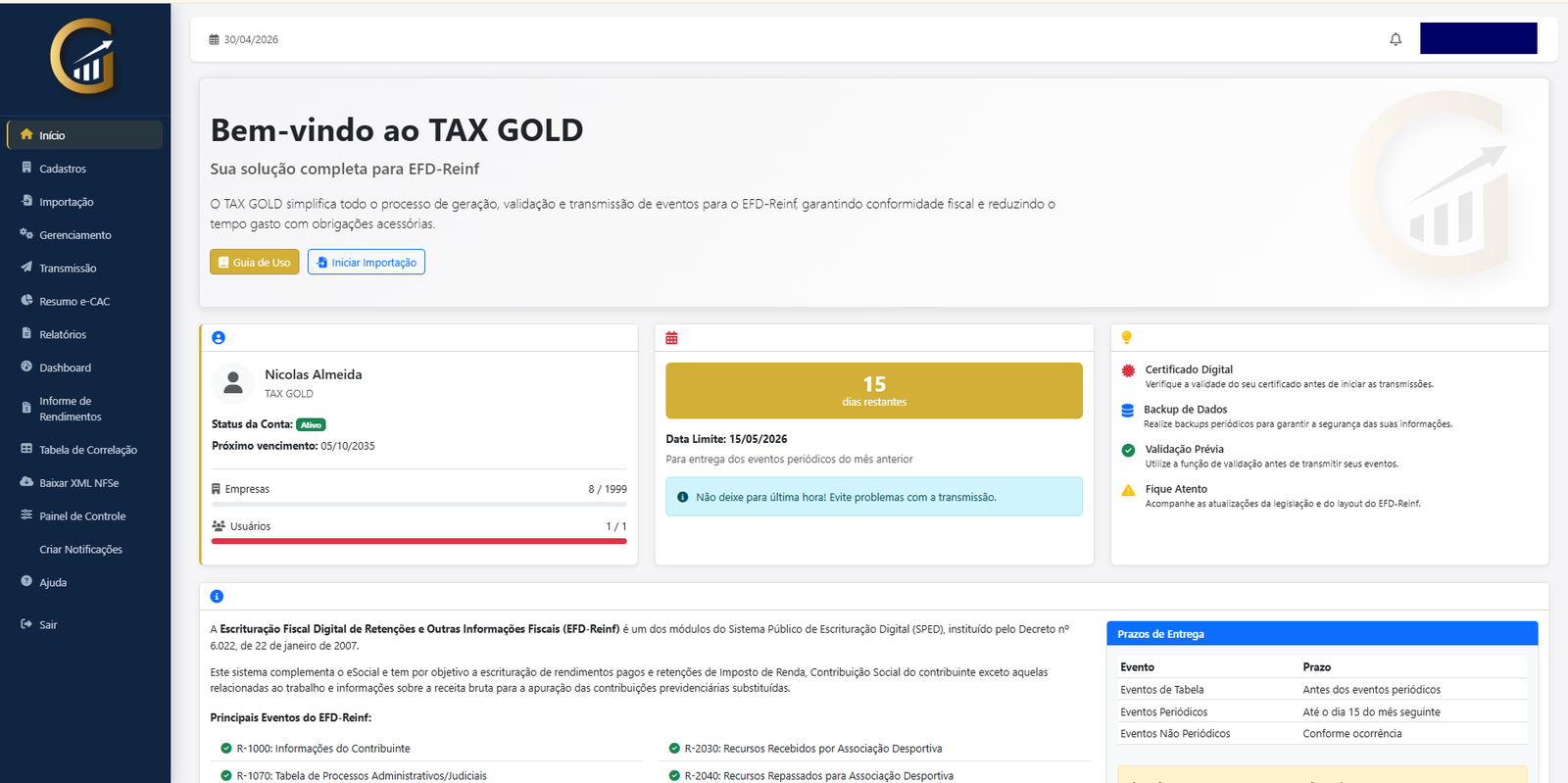 Tela do Tax Gold Reinf — dashboard com dados de competência, empresas cadastradas e status de transmissão do EFD-Reinf