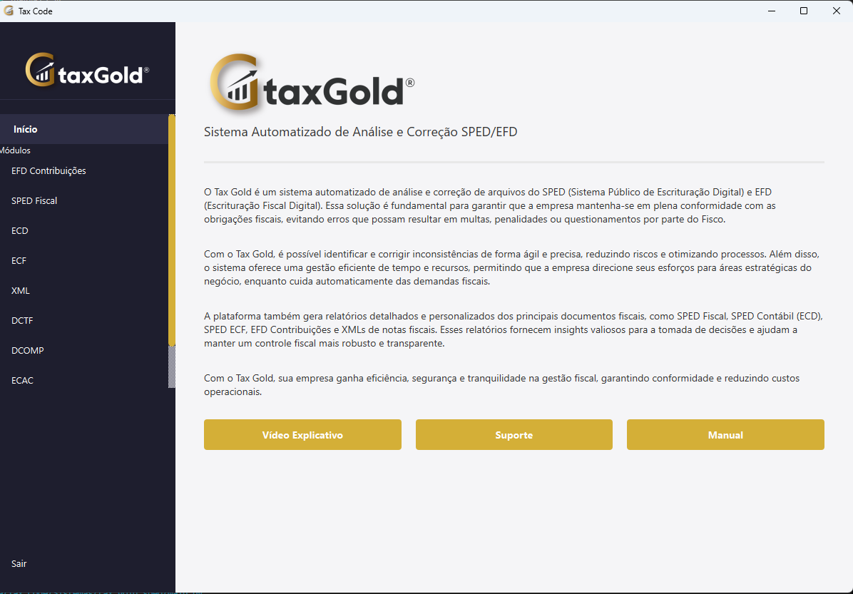 Tela inicial do Tax Gold SPED — Sistema Automatizado de Análise e Correção SPED/EFD